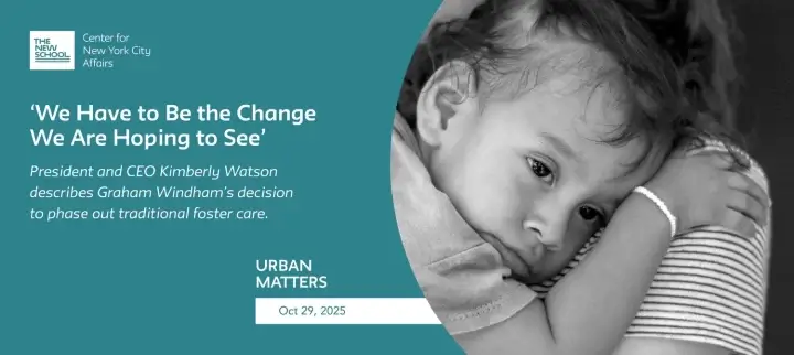 Black and white image of young child in her mother's arms, next to a teal background that reads "We have to be the change we are hoping to see"